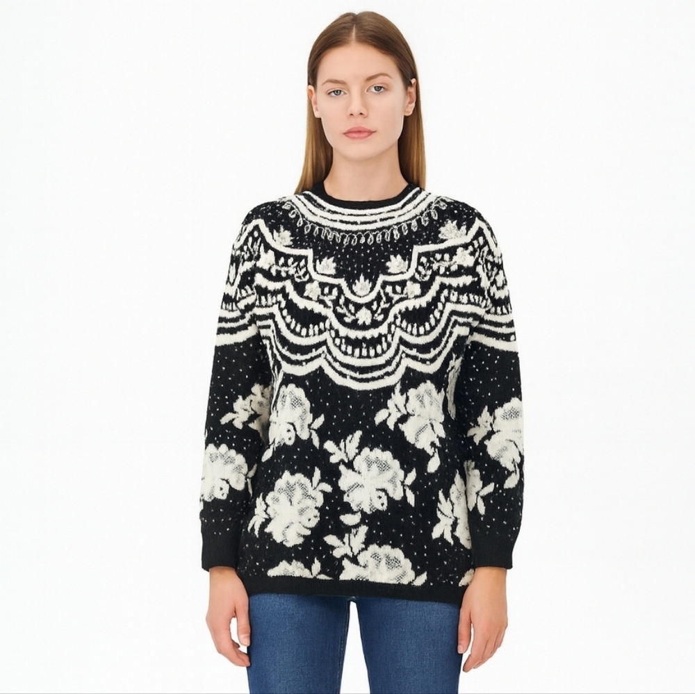 Vintage Kitty Hawk Vivian Wang Pearl Embellished Chunky Black Sweater‎ Y2k Large